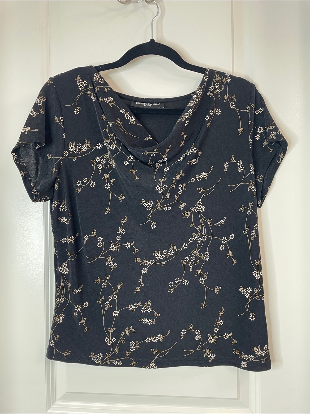 Briggs New York Black Floral Cowl Neck Short Sleeve Tee